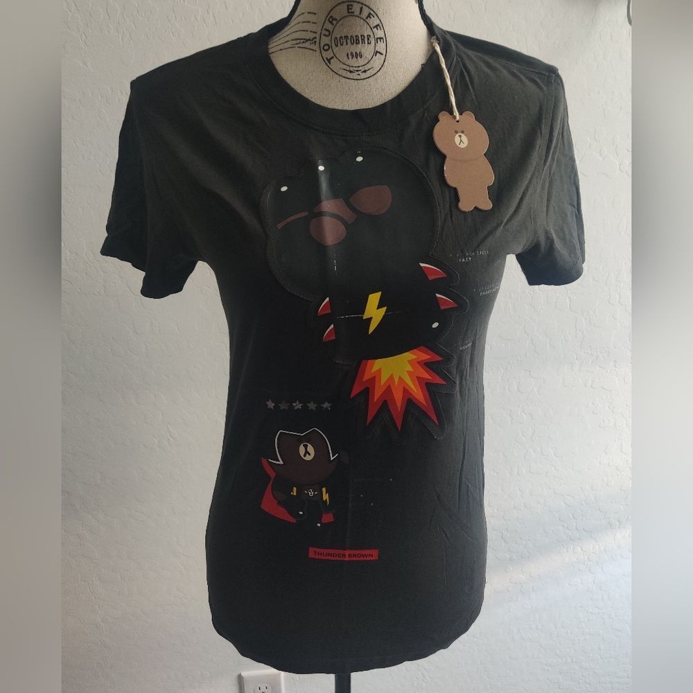 🆕 Line Friends Collection Thunder brown 100% cotton black graphic t-shirt_Small